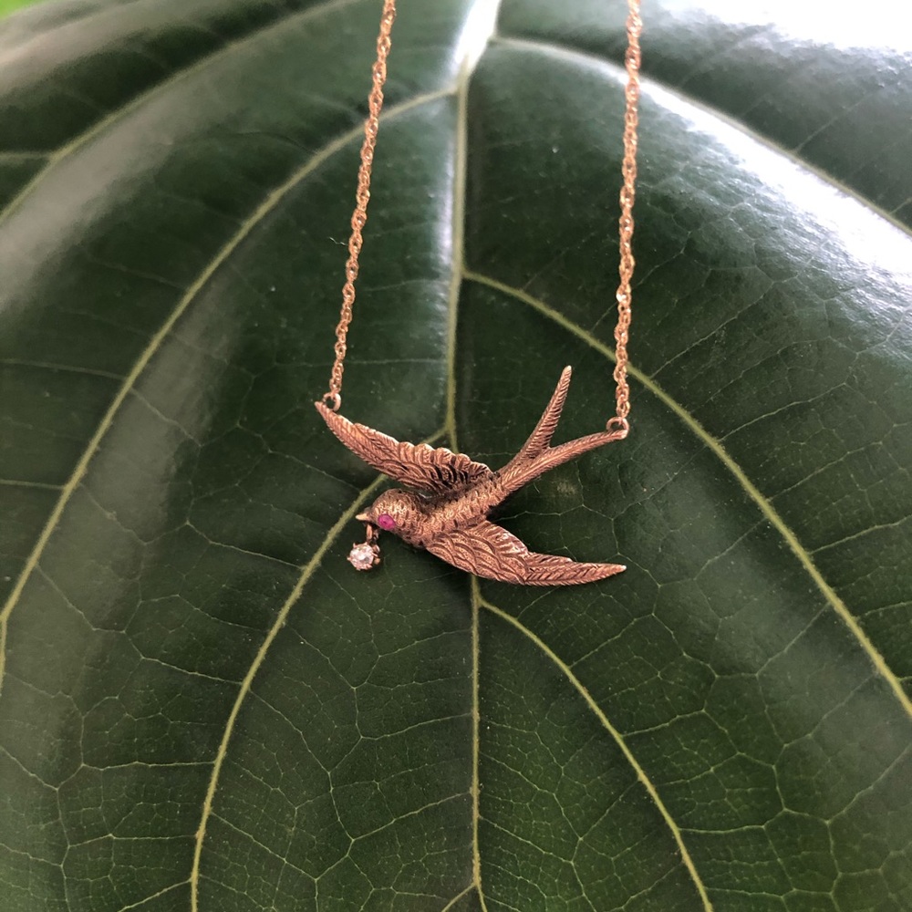 14k Antique Swallow Diamond and Ruby Necklace